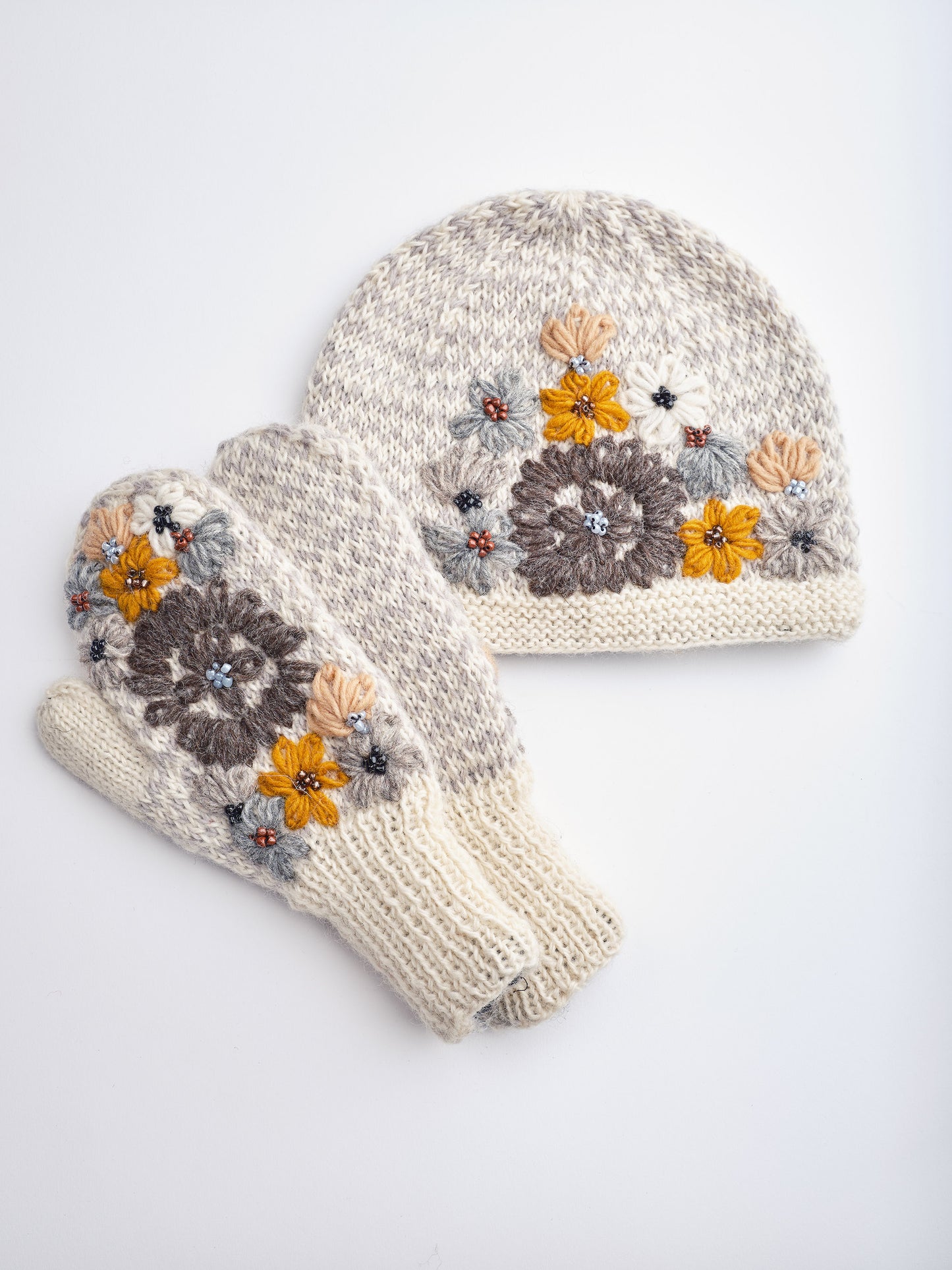 Embroidery Wool Beaded Floral Beanie Set.