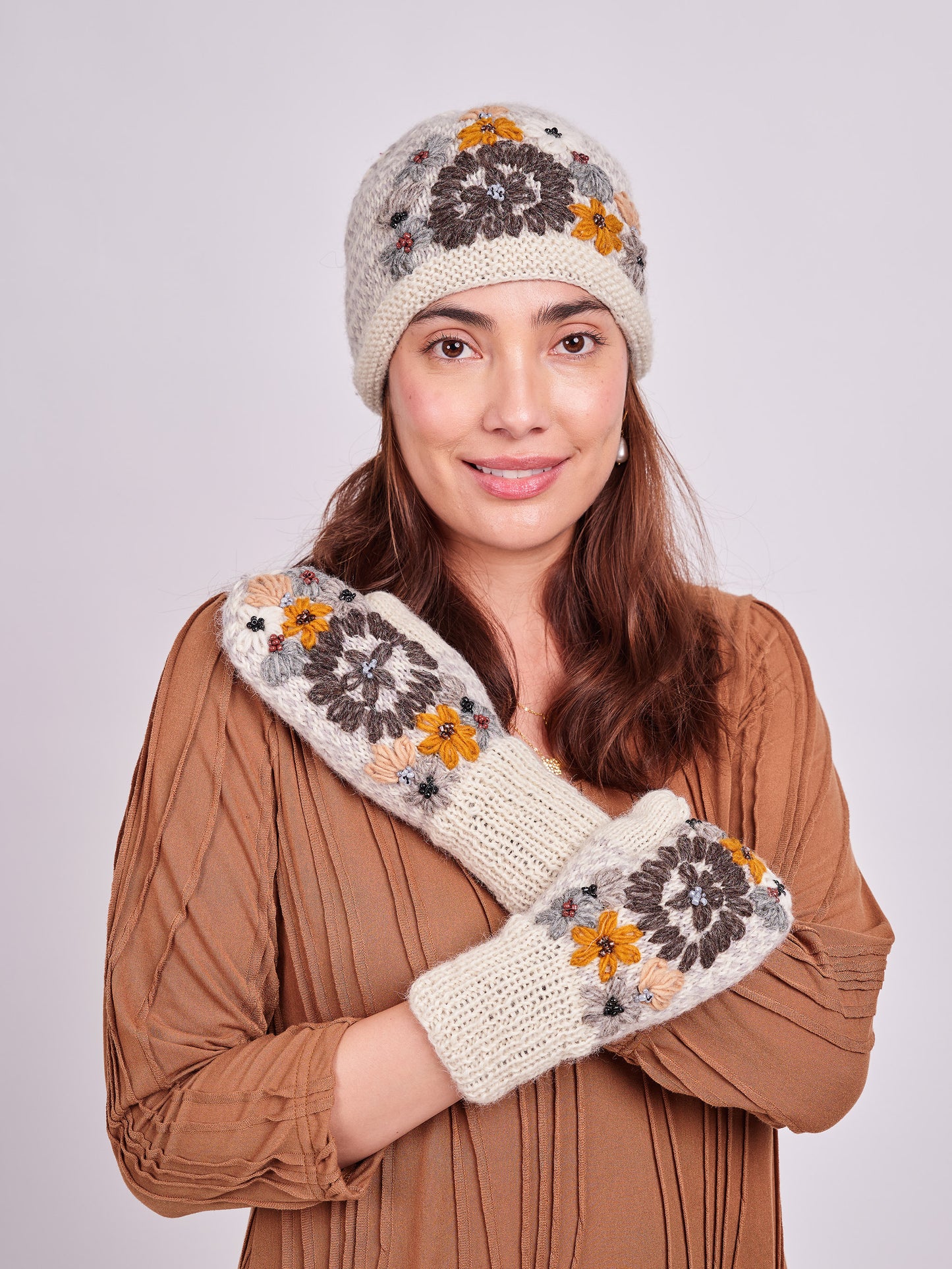 Embroidery Wool Beaded Floral Beanie Set.
