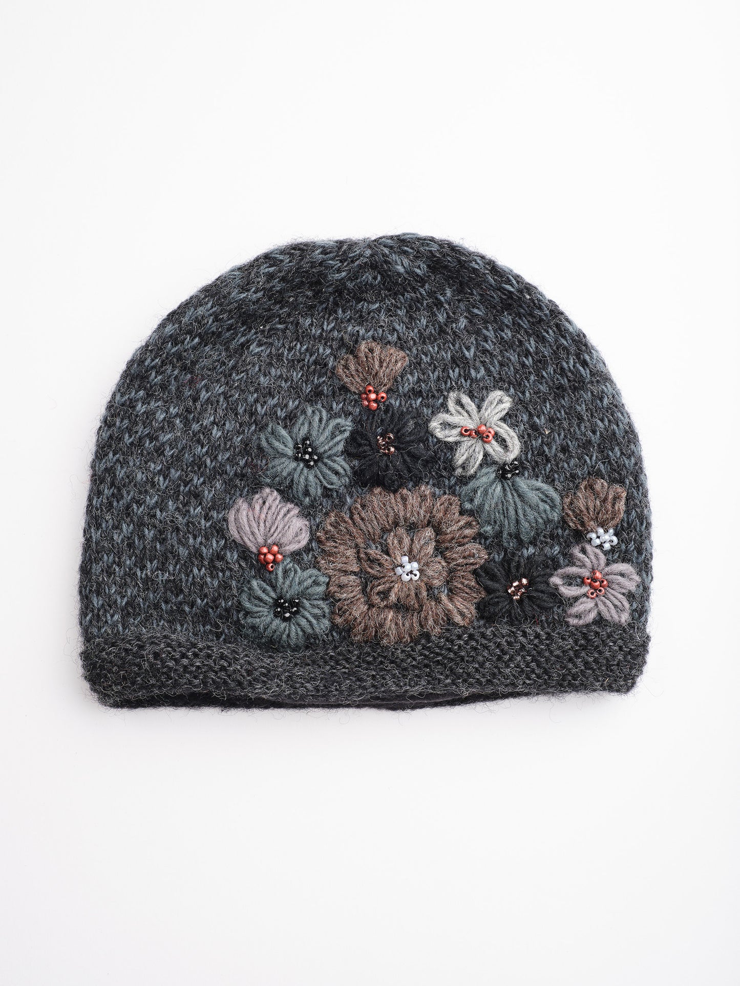 Embroidery Wool Beaded Floral Beanie Set.