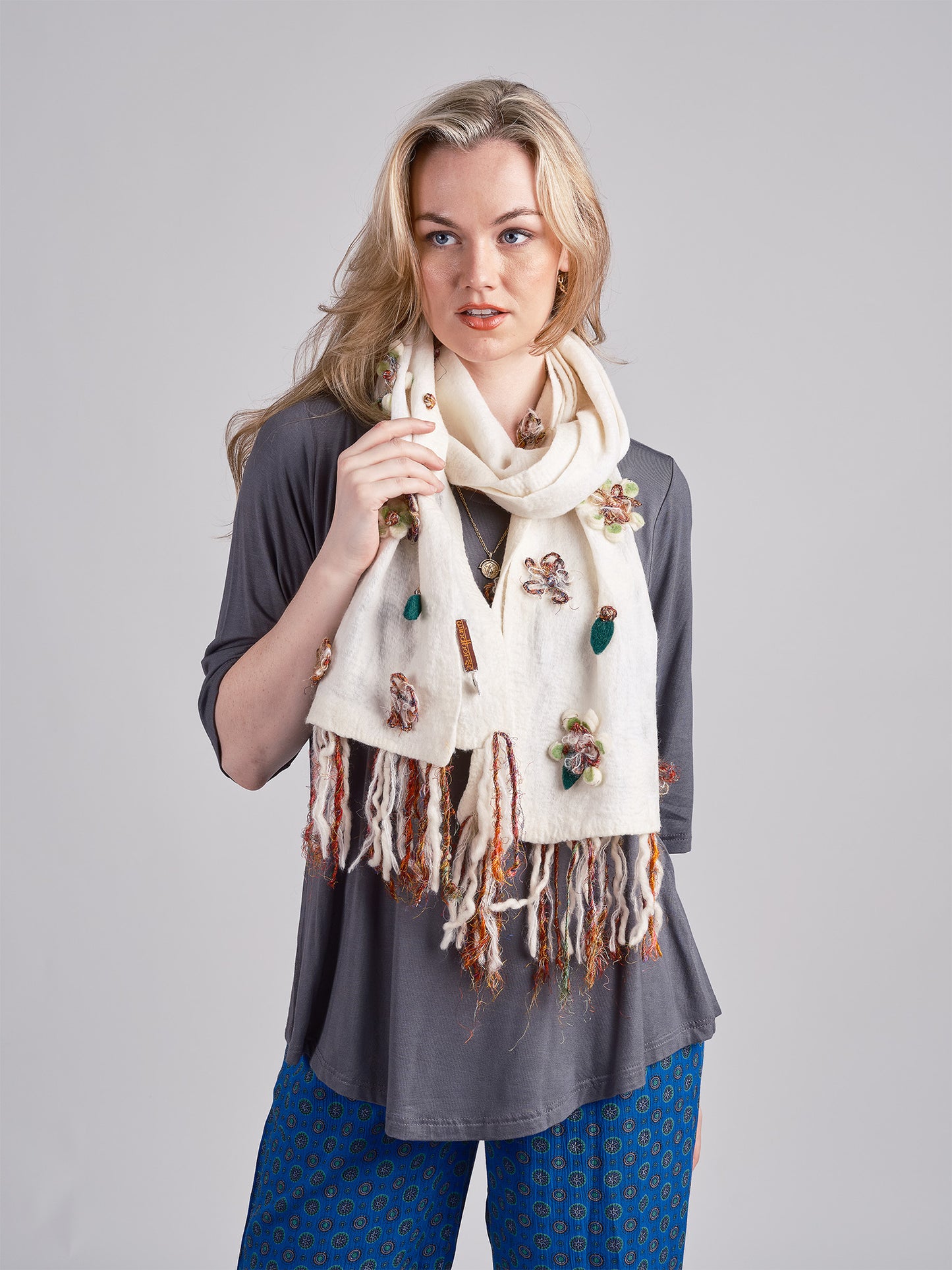 Felted Floral Scarf with Fringes.