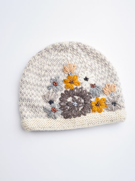 Embroidery Wool Beaded Floral Beanie Set.