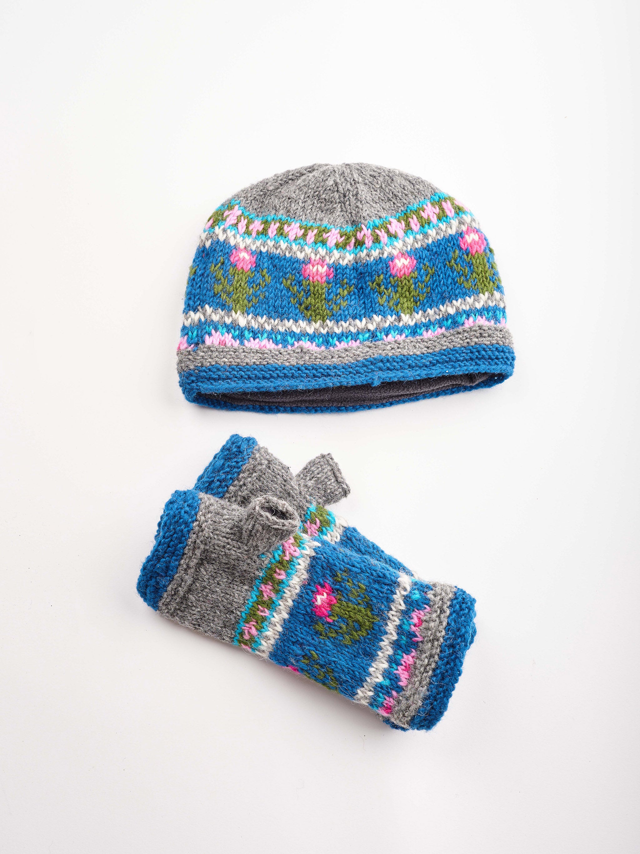 Knit Blue Flora Beanie  & Handwarmer.
