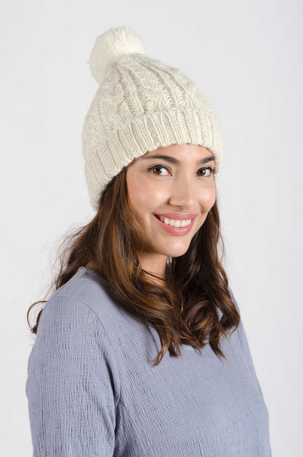 Cable Knit Pom Pom Beanie.