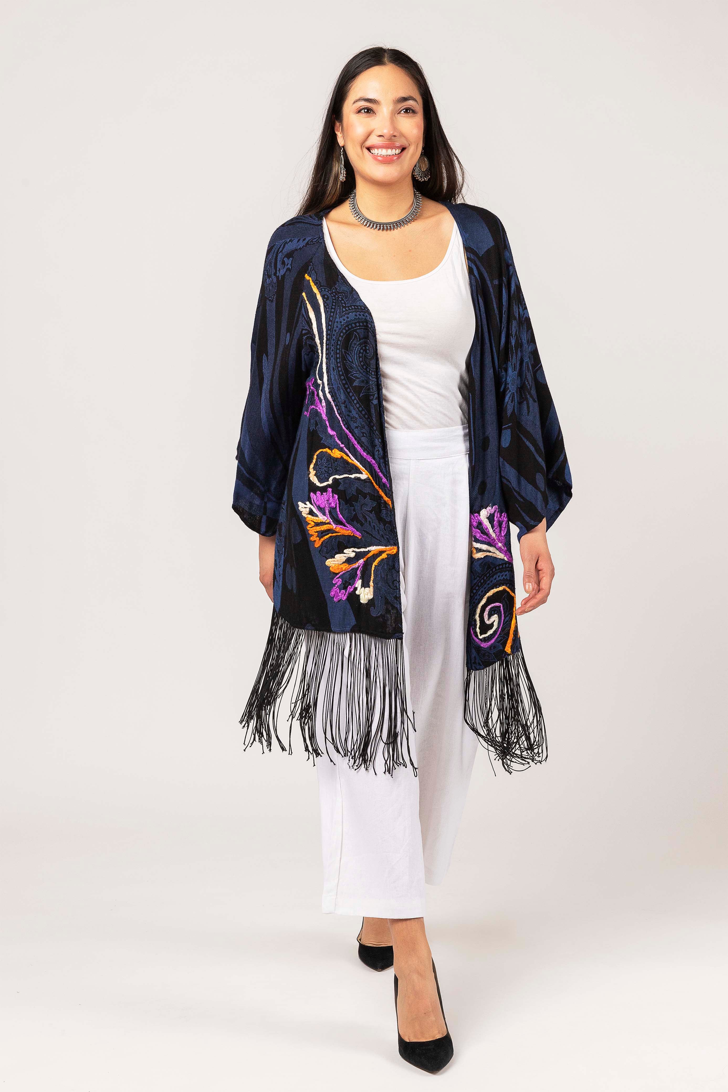 Violet Fringes & Embroidered Cover-Up